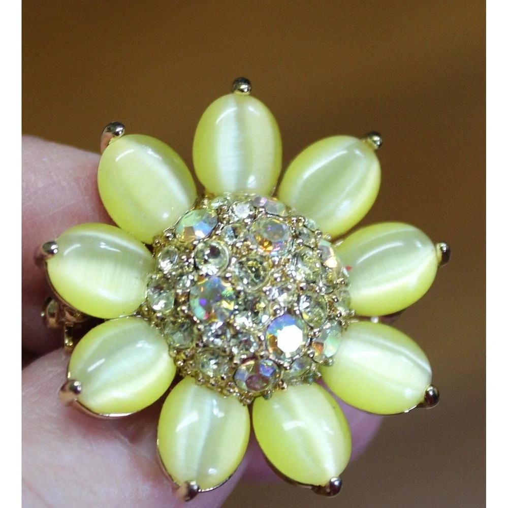 Vintage Monet Flower Brooch, Yellow Cabochons & Aurora Borealis Crystals